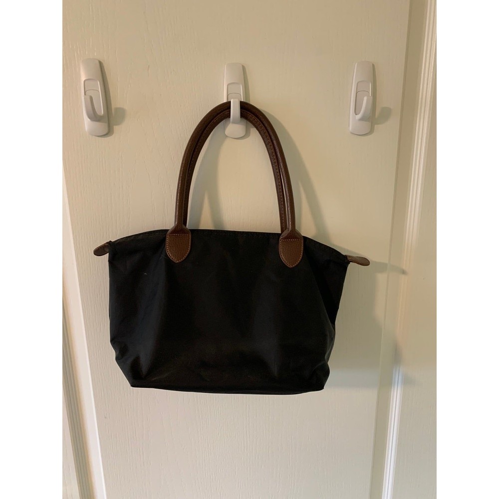 Black with brown leather straps tote